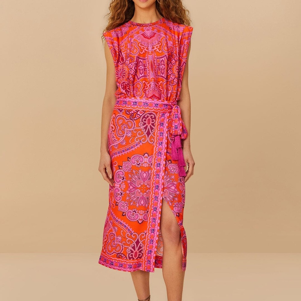 NWT FARM Rio Red Paisley Scarf Lenzing Ecovero Viscose Midi Skirt
